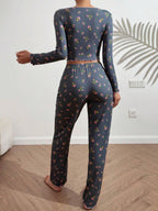 Tulip Floral Ribbed Henley Pajama Set - TEVQA