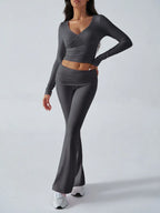 V-Neck Crop Top and Fold-Over Flare Pants Set - View 27 | TEVQA