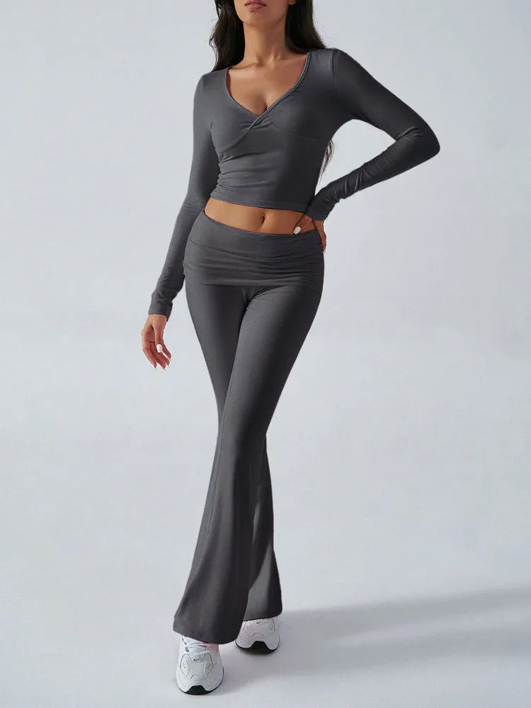 V-Neck Crop Top and Fold-Over Flare Pants Set - View 27 | TEVQA