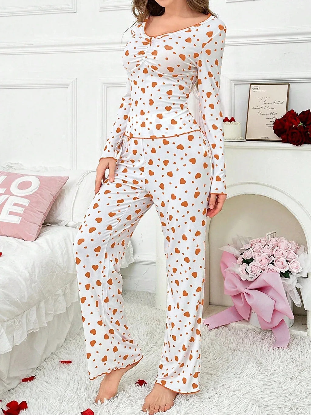 Ribbed Heart Print Pajama Set - View 22 | TEVQA
