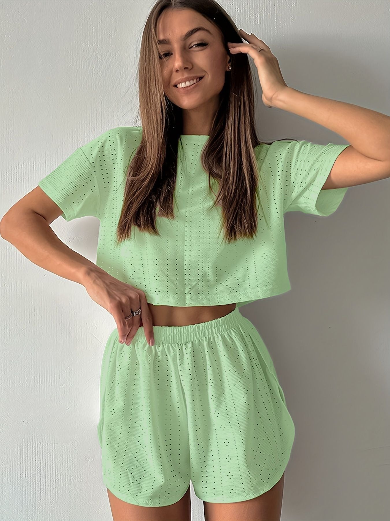 White Hollow Out Eyelet Lounge Set