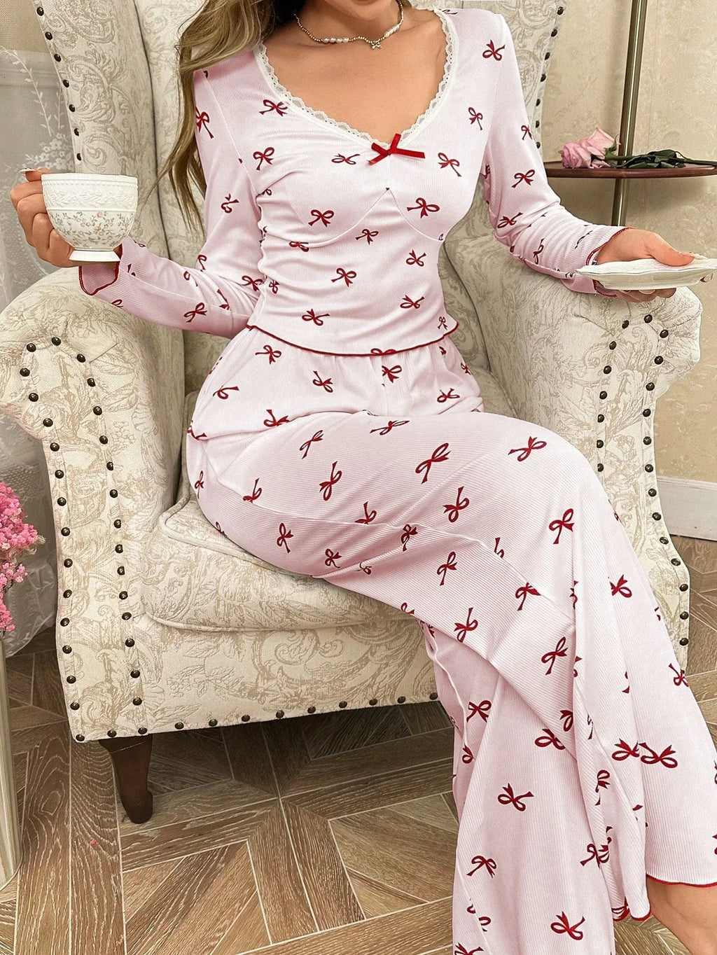 Ribbed pajama set with bow print and v-neckline - View 12 | TEVQA