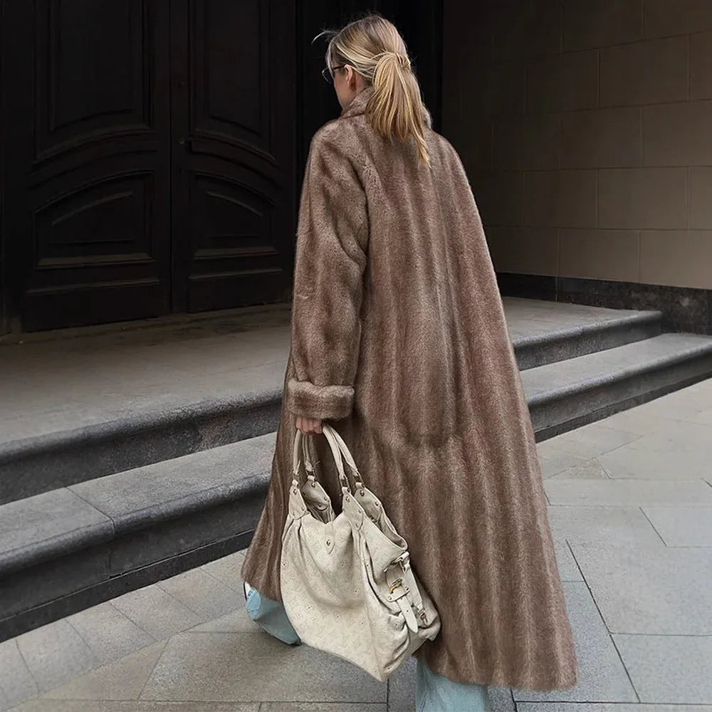 Vintage Mink Texture Faux Fur Long Coat - TEVQA