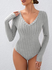Heather Grey Soft Ribbed Knit V-Neck Long Sleeve Bodysuit - View 7 | TEVQA