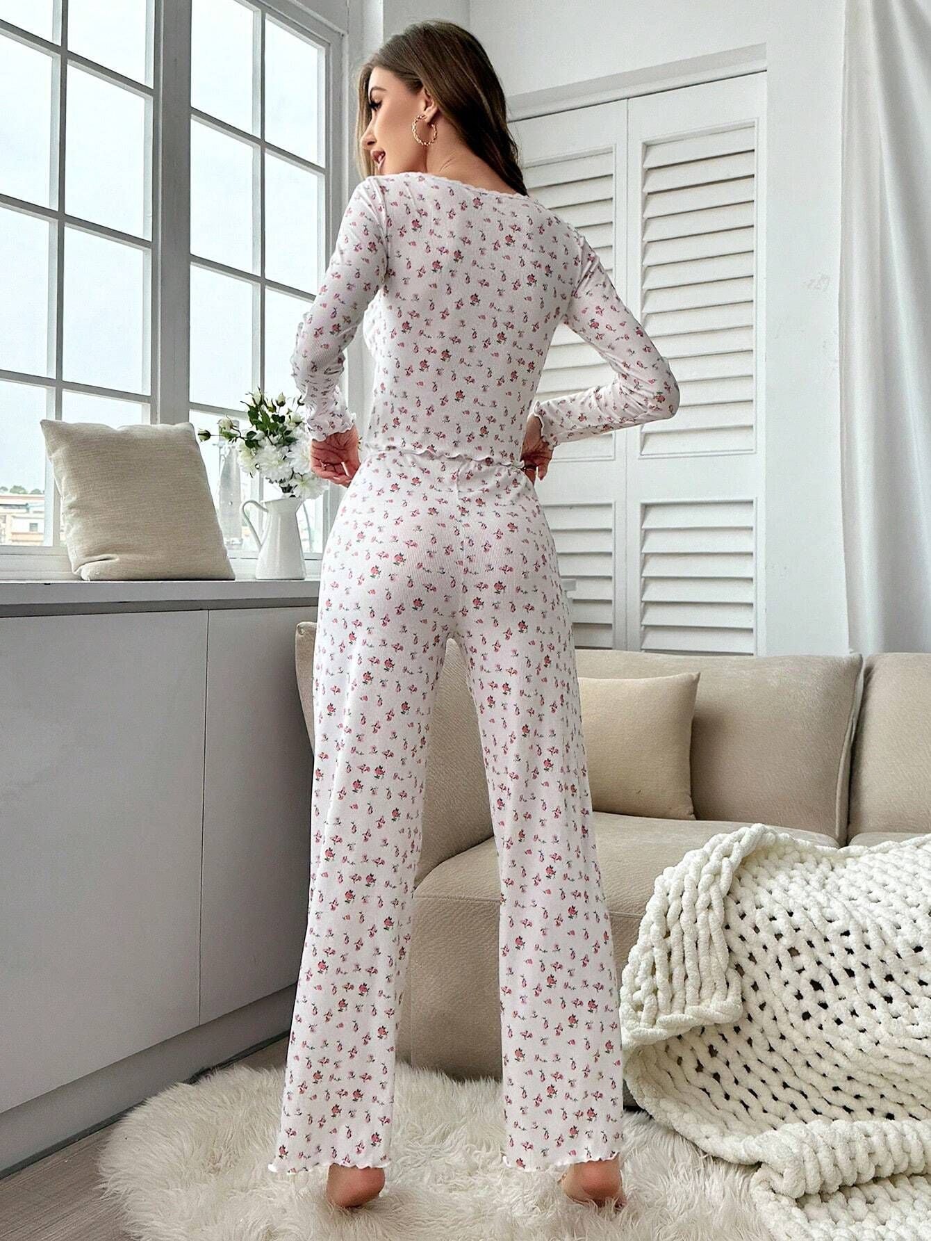 Coquette Ditsy Floral Ribbed Henley Pajama Set