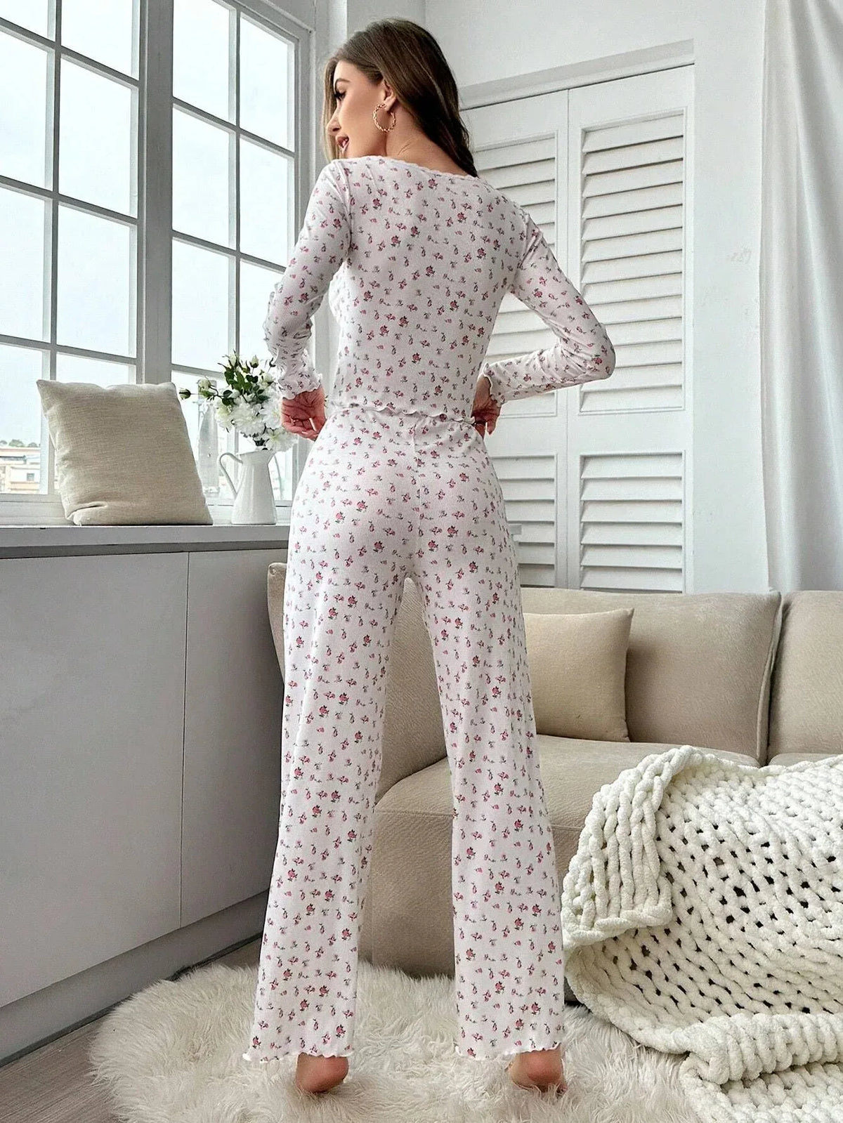 Ditsy floral ribbed henley pajama set - View 13 | TEVQA