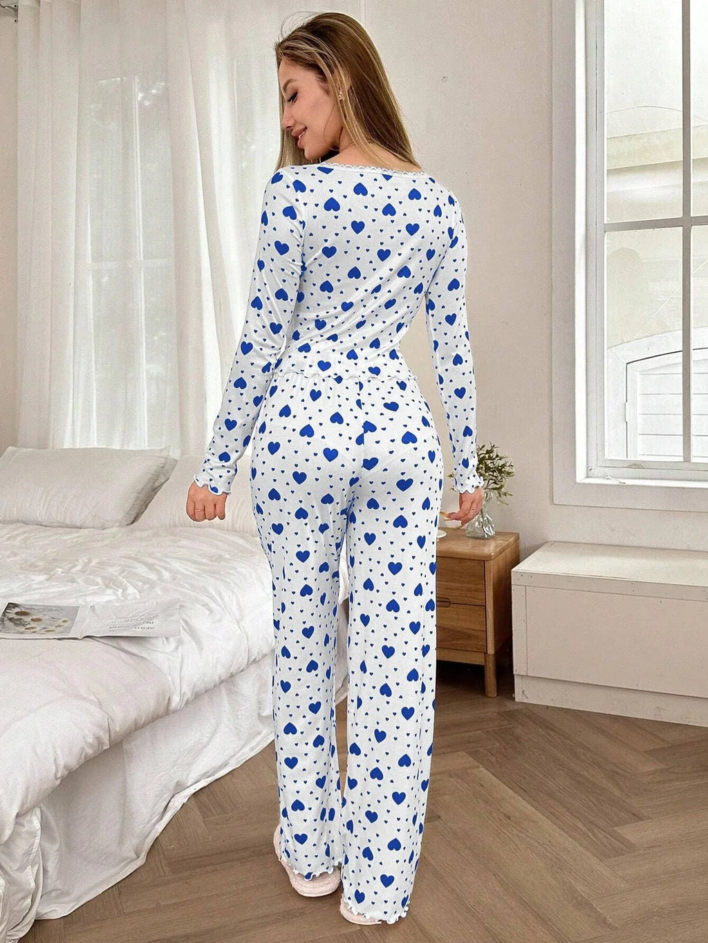 Ribbed Heart Print Pajama Set - View 24 | TEVQA