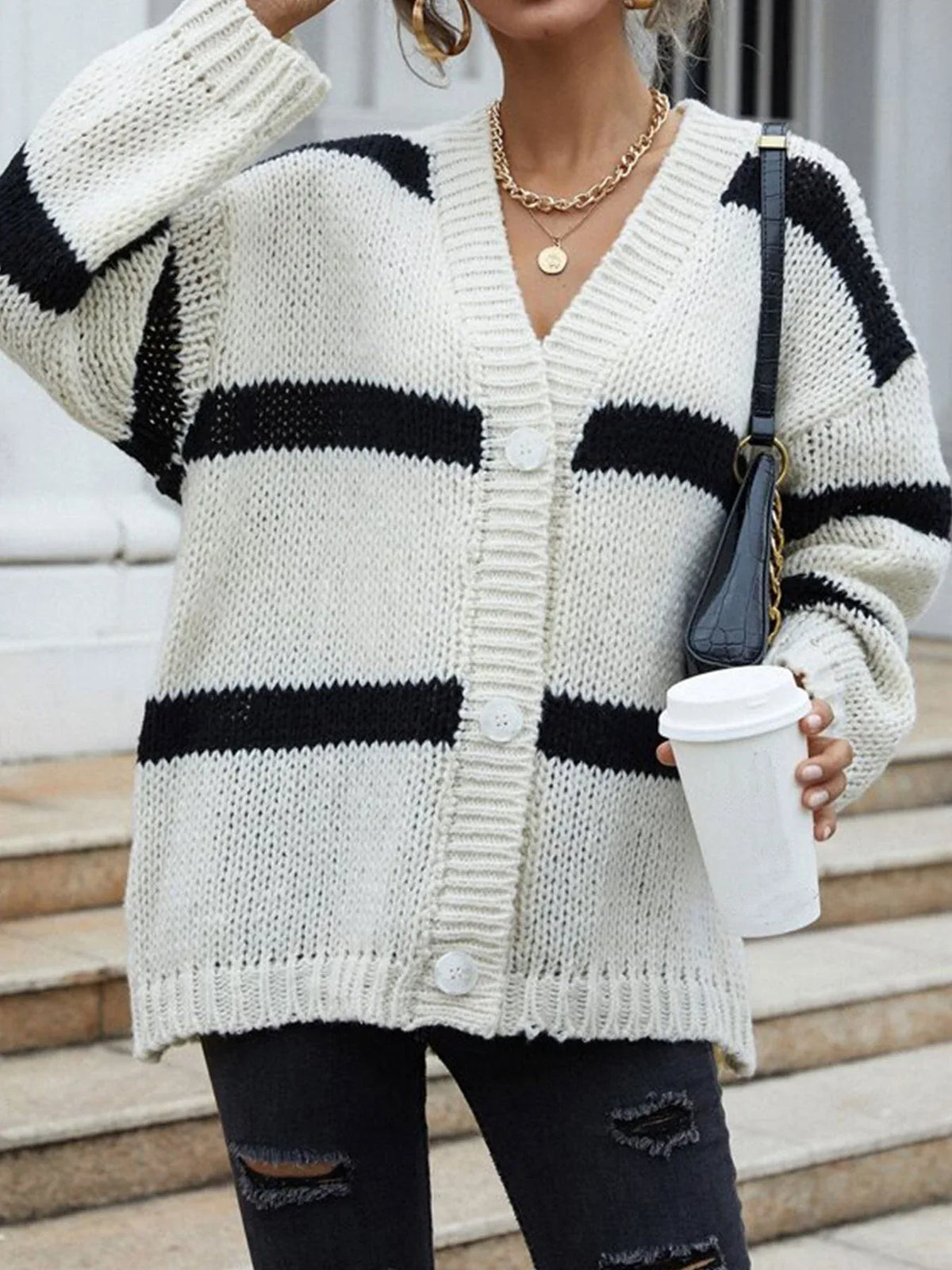 Classic Breton Striped Chunky Knit Cardigan - View 6 | TEVQA