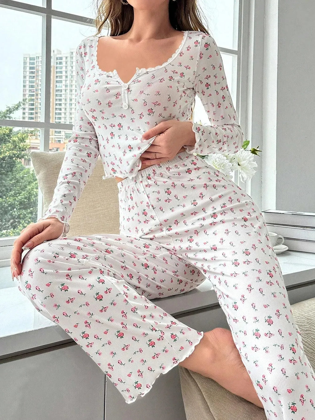 Ditsy floral ribbed henley pajama set - View 15 | TEVQA