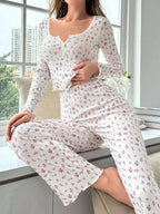 Ditsy floral ribbed henley pajama set - View 15 | TEVQA