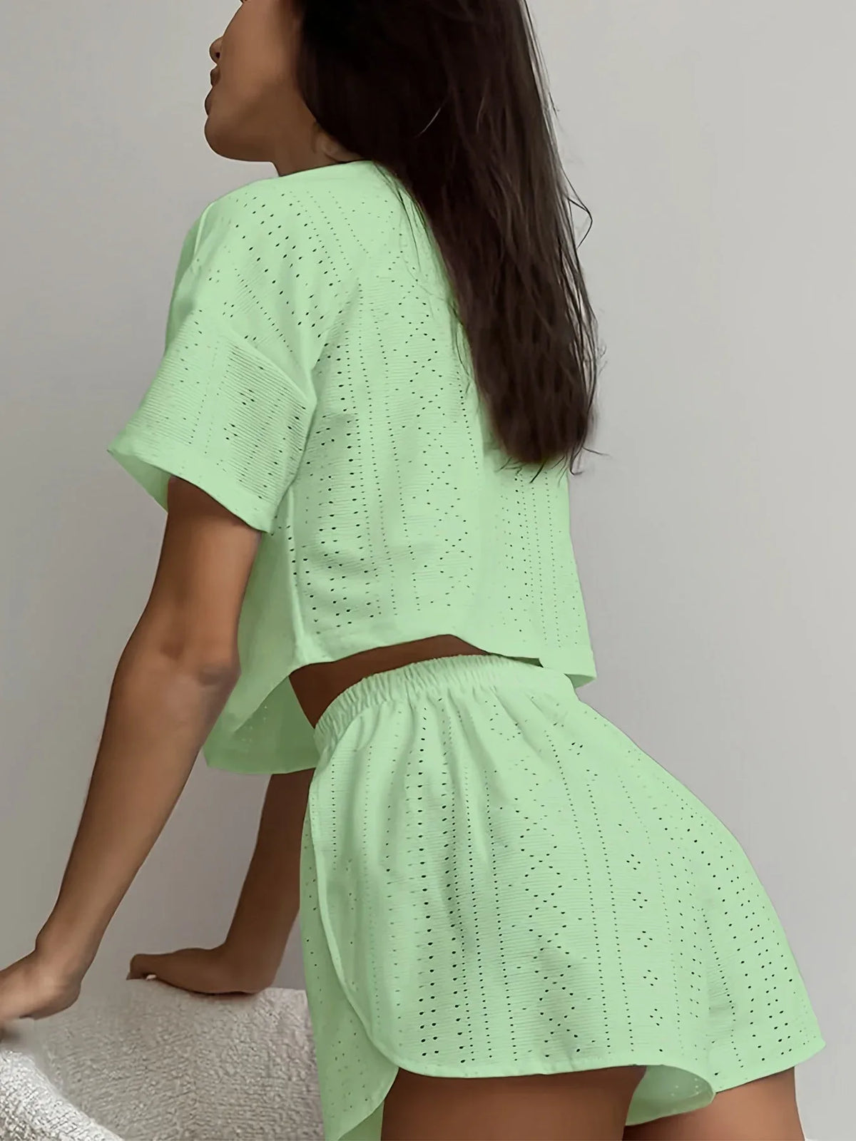 White Hollow Out Eyelet Lounge Set - TEVQA