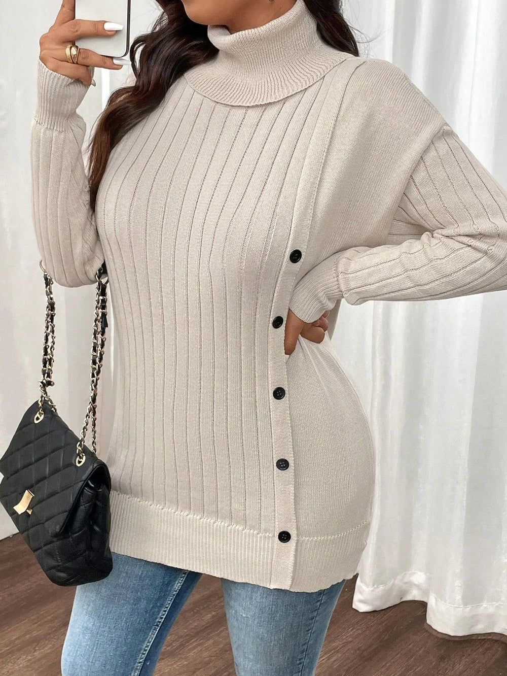 Vanilla Cream Side Button Turtleneck Sweater - TEVQA