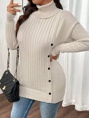 Vanilla Cream Side Button Turtleneck Sweater - TEVQA