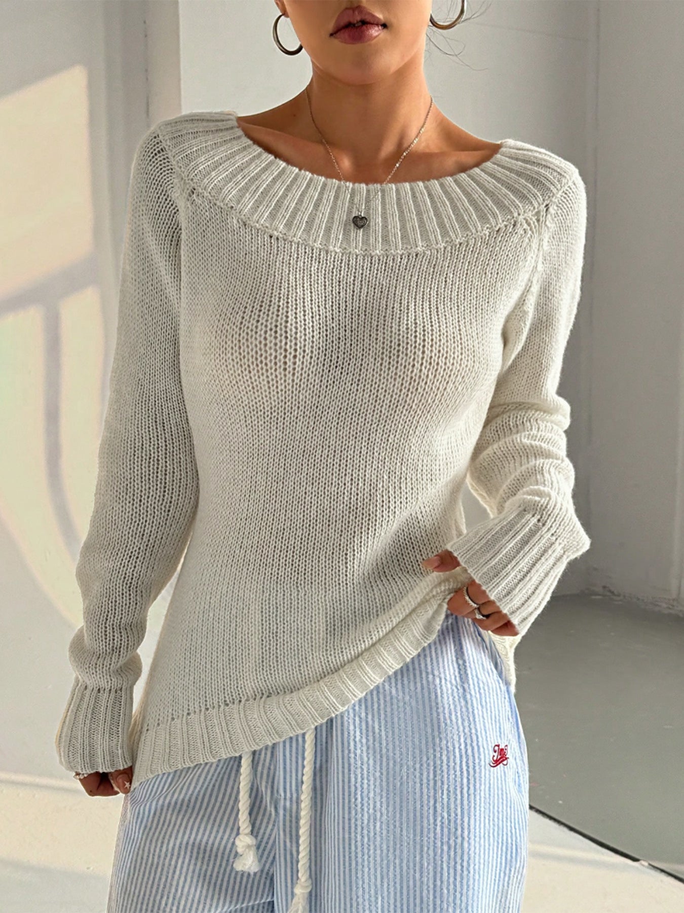 Versatile Off-Shoulder Ribbed Knit Sweater