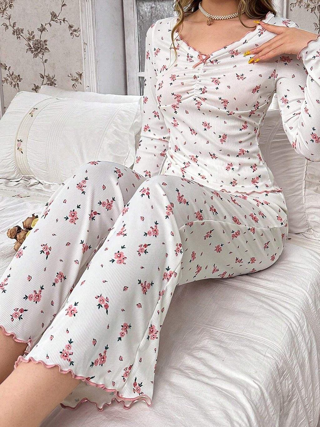 Ribbed Knit Floral Pajama Set - View 37 | TEVQA