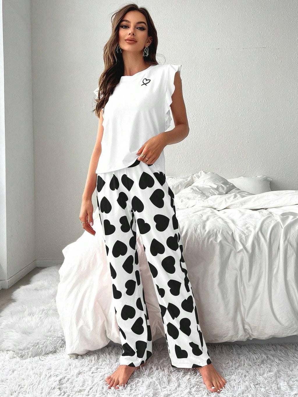 Heart print pajama set with ruffle sleeves - View 10 | TEVQA