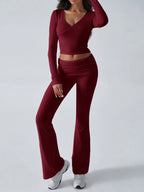 V-Neck Crop Top and Fold-Over Flare Pants Set - View 9 | TEVQA