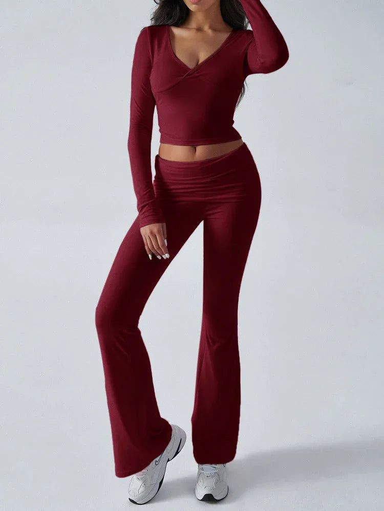 V-Neck Crop Top and Fold-Over Flare Pants Set - View 9 | TEVQA