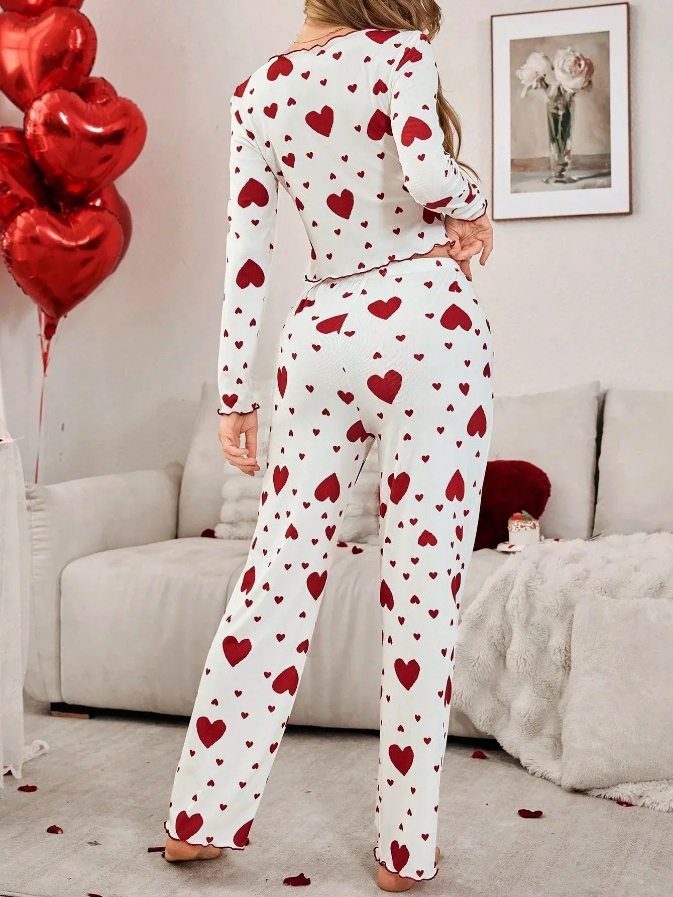 Ribbed Heart Print Pajama Set Secondary image