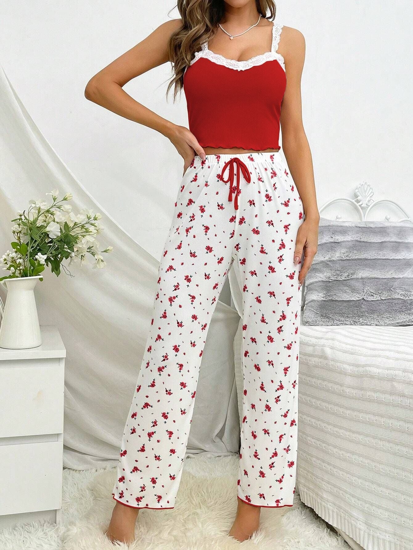 Pink Ribbed Cami & Floral Pants Pajama Set