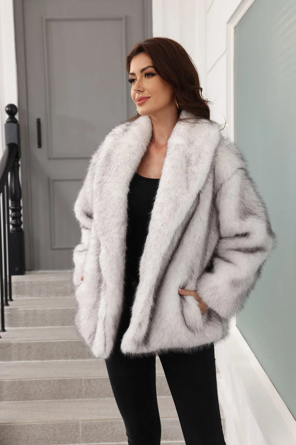 Luxe Grey Belted Faux Fur Coat - View 10 | TEVQA