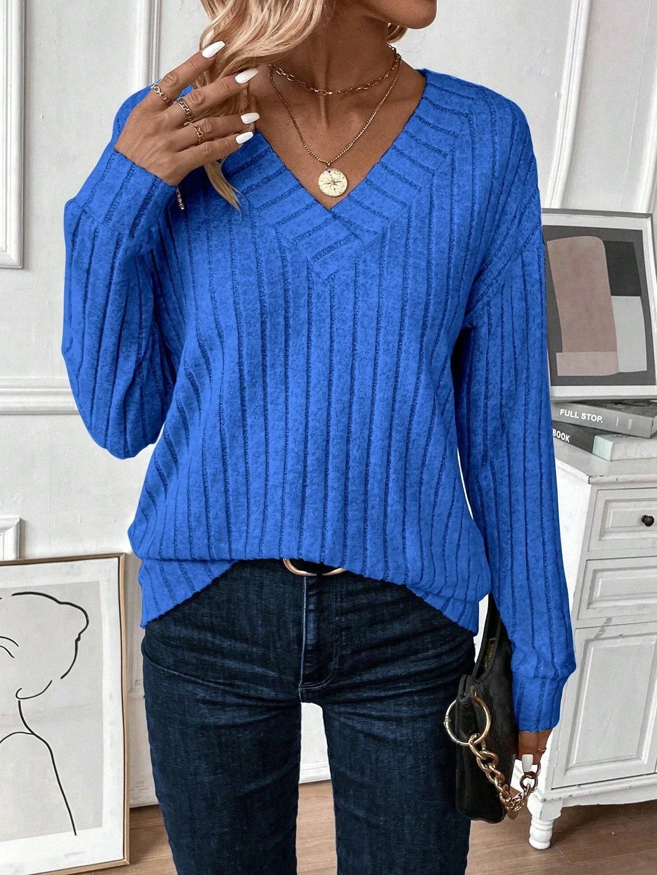 Wide Ribbed V-Neck Knit Top - View 10 | TEVQA