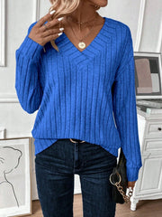Wide Ribbed V-Neck Knit Top - View 10 | TEVQA