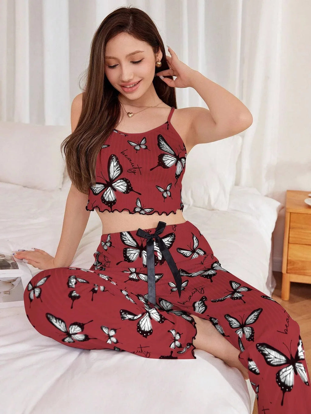 Ribbed cami and pants pajama set with butterfly print - View 13 | TEVQA