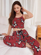 Ribbed cami and pants pajama set with butterfly print - View 13 | TEVQA