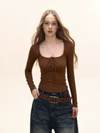 Square Neck Ribbed Knit Front Tie Long Sleeve Top