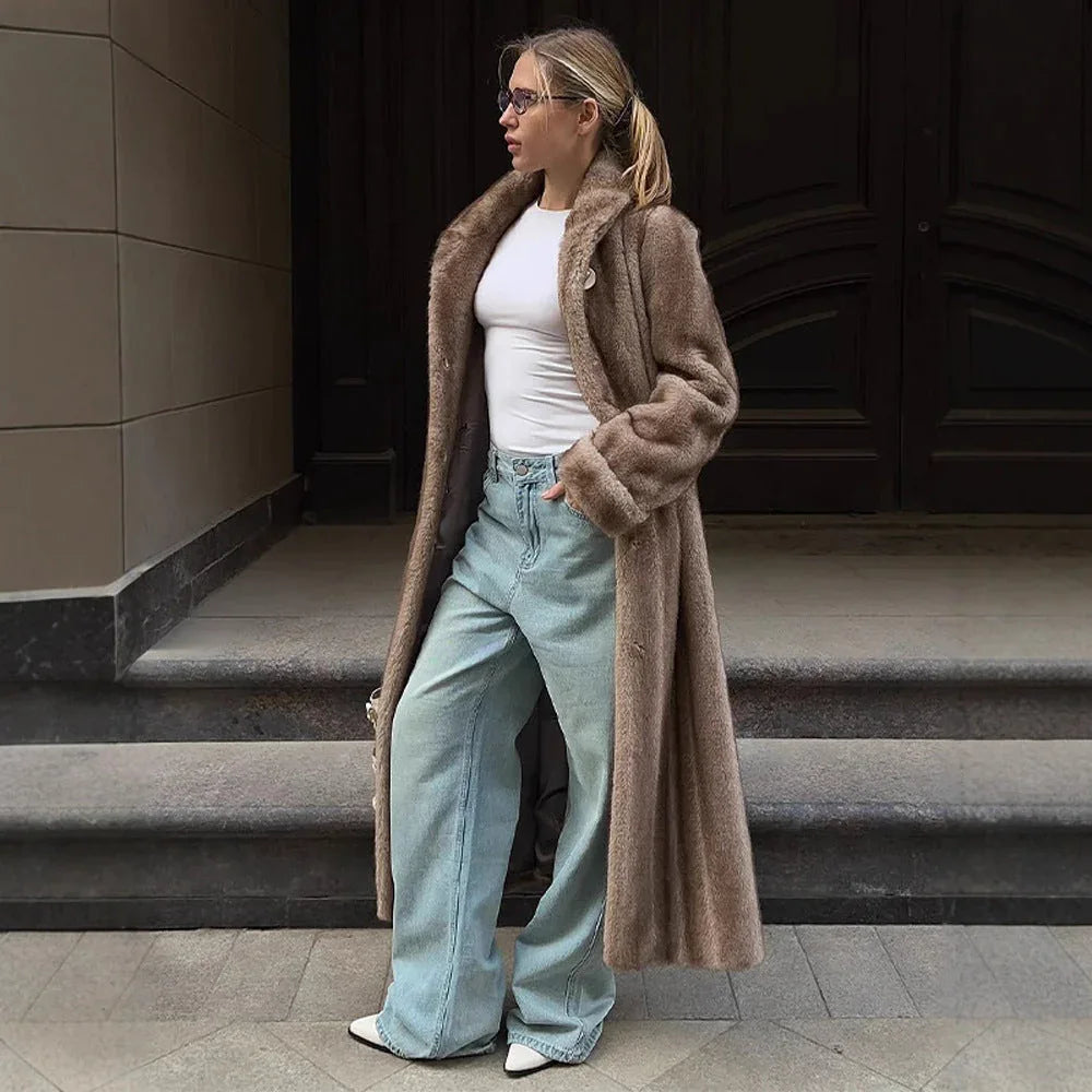 Vintage Mink Texture Faux Fur Long Coat - TEVQA