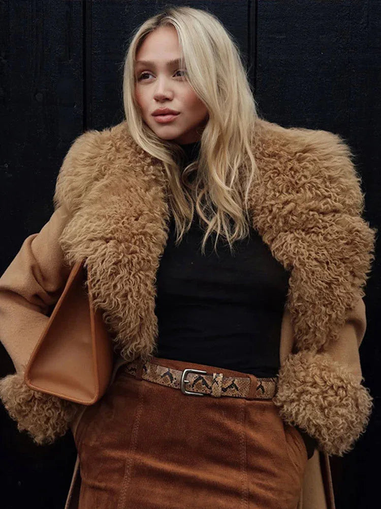 Camel wool blend midi coat with faux shearling trim - View 6 | TEVQA