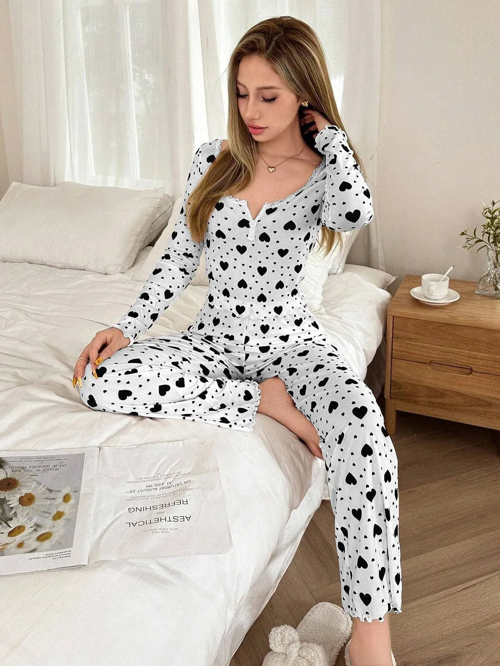 Ribbed Heart Print Pajama Set - View 15 | TEVQA