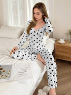 Ribbed Heart Print Pajama Set - View 15 | TEVQA