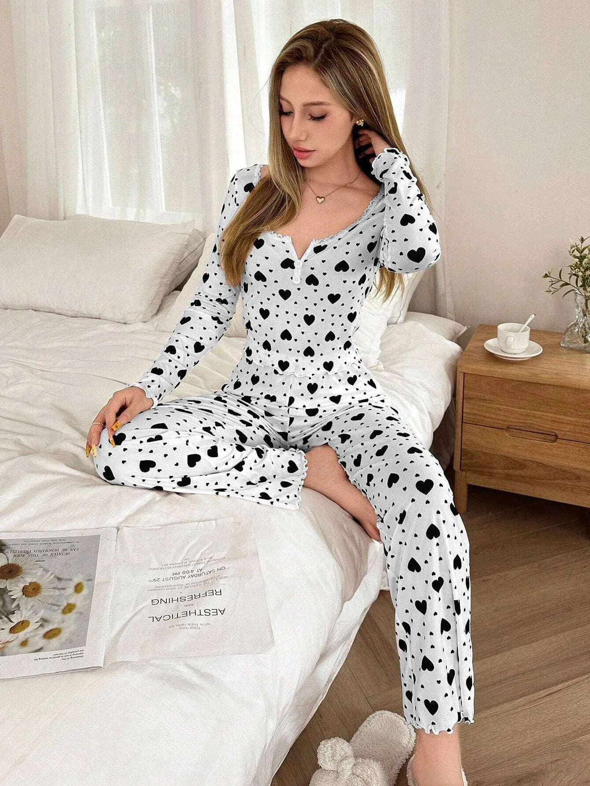 Ribbed Heart Print Pajama Set - View 15 | TEVQA