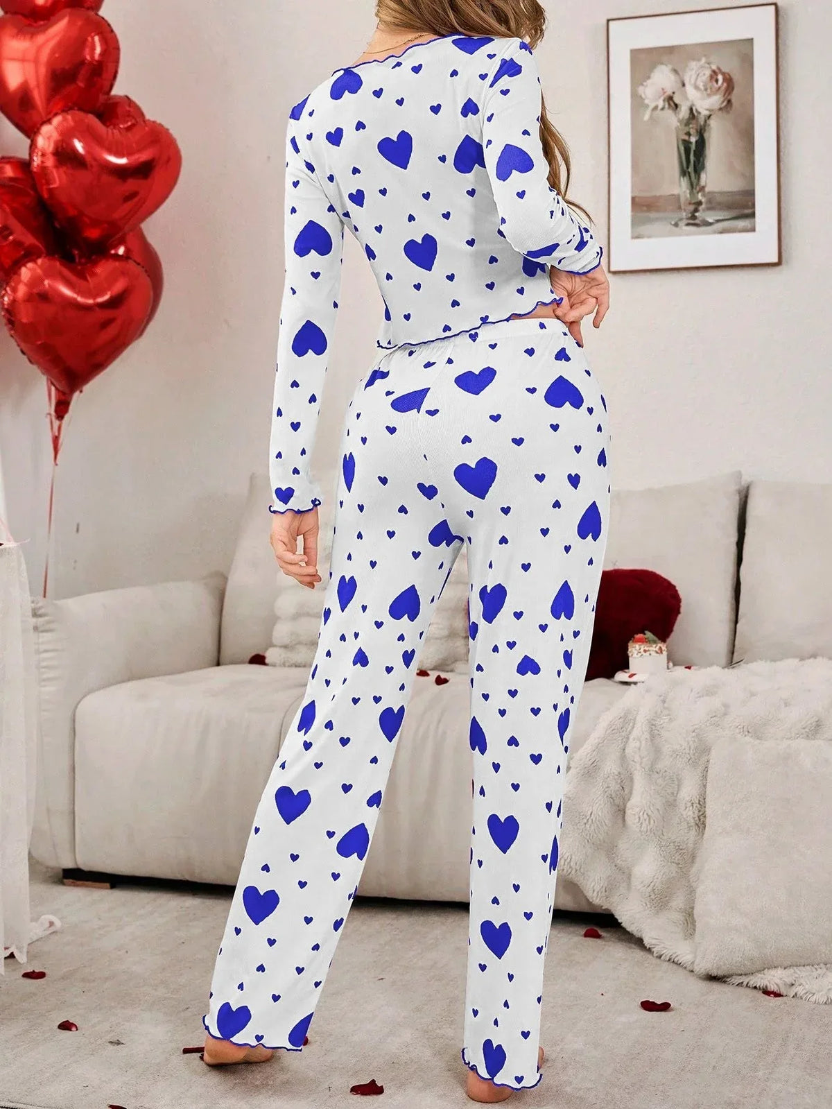 Ribbed Heart Print Pajama Set - View 26 | TEVQA