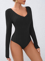 Heather Grey Soft Ribbed Knit V-Neck Long Sleeve Bodysuit - View 6 | TEVQA