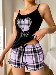 Plaid Heart Print Cami & Shorts Set