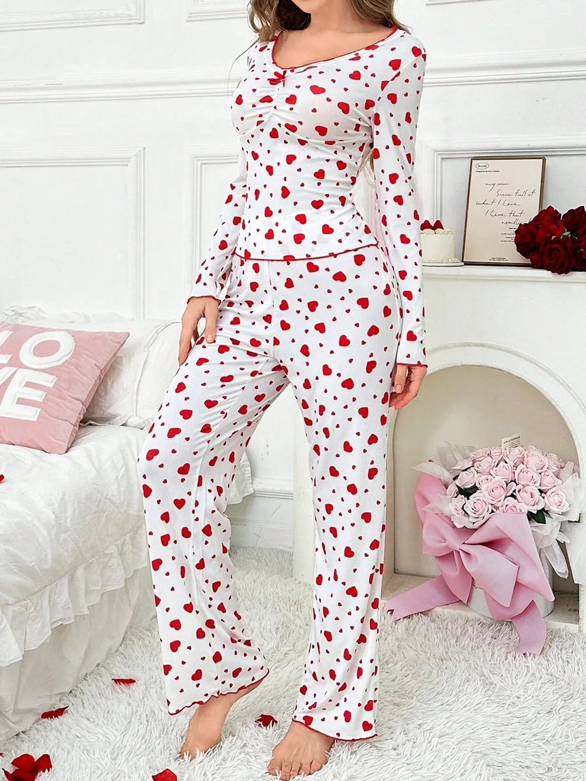 Ribbed Heart Print Pajama Set - View 16 | TEVQA