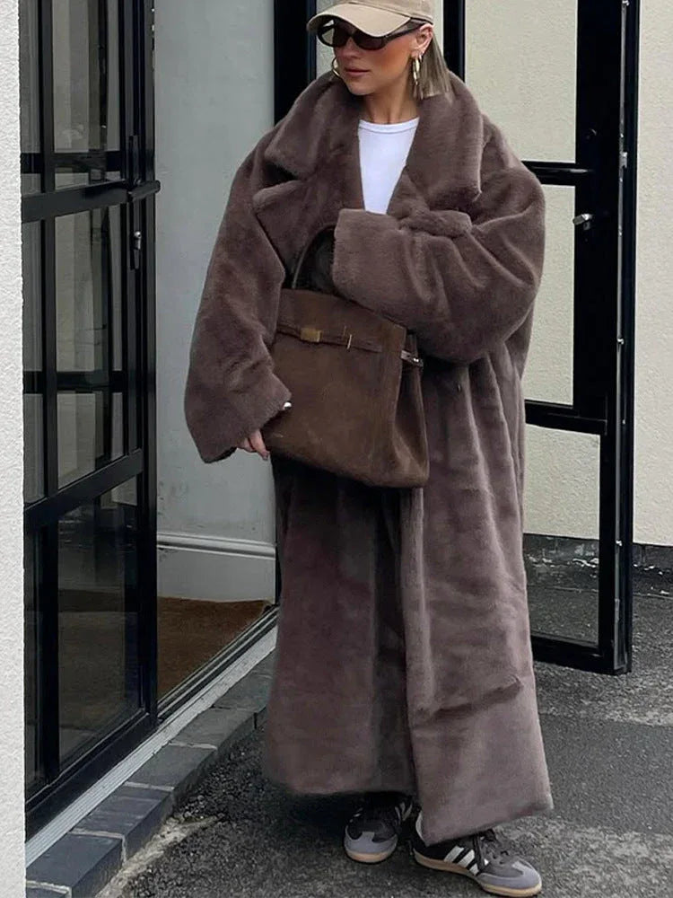 Luxurious Chocolate Brown Plush Faux Fur Maxi Coat - View 6 | TEVQA