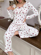 Ribbed Knit Floral Pajama Set - View 6 | TEVQA
