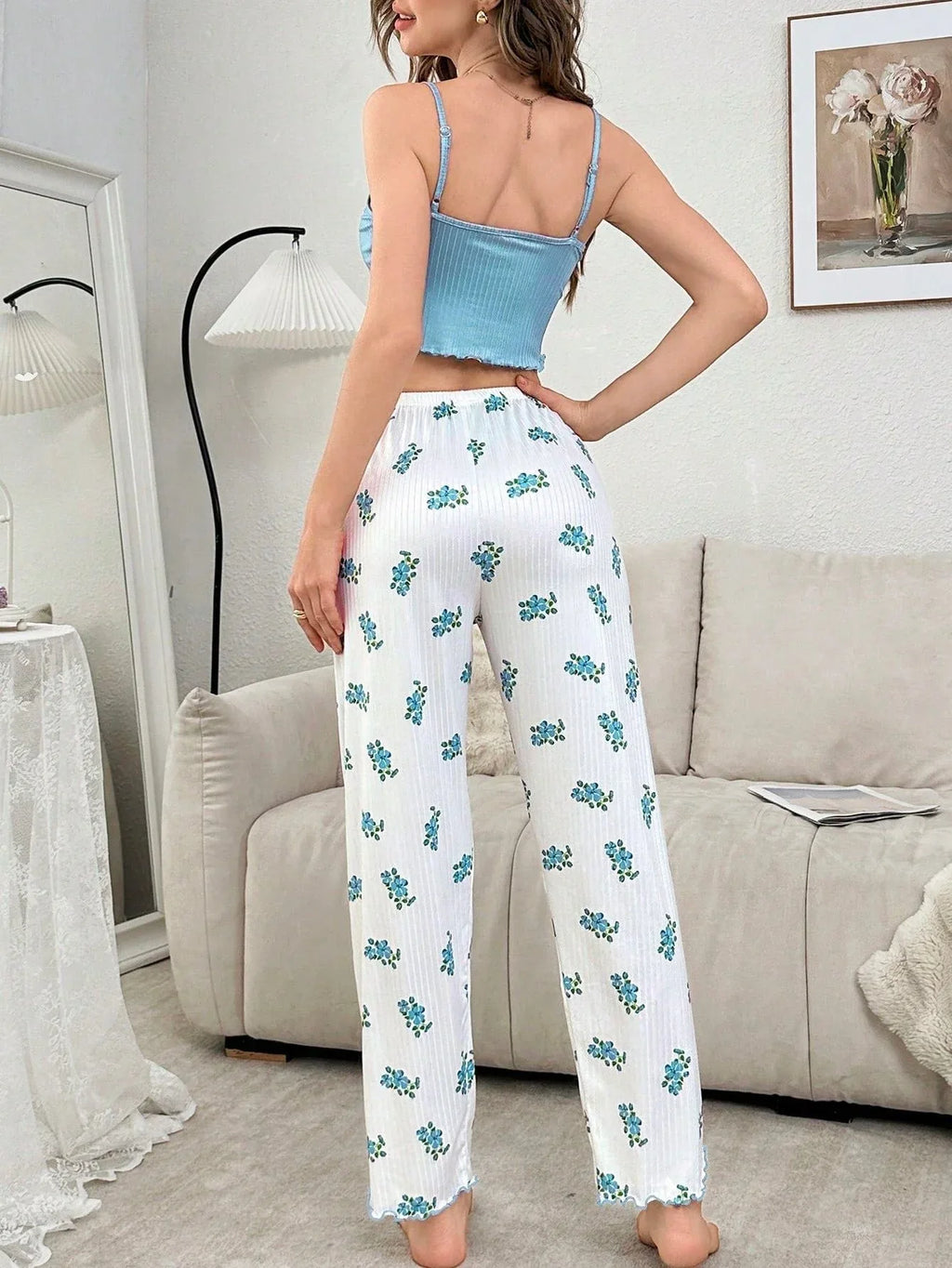Ribbed Cami & Floral Pants Set - View 12 | TEVQA