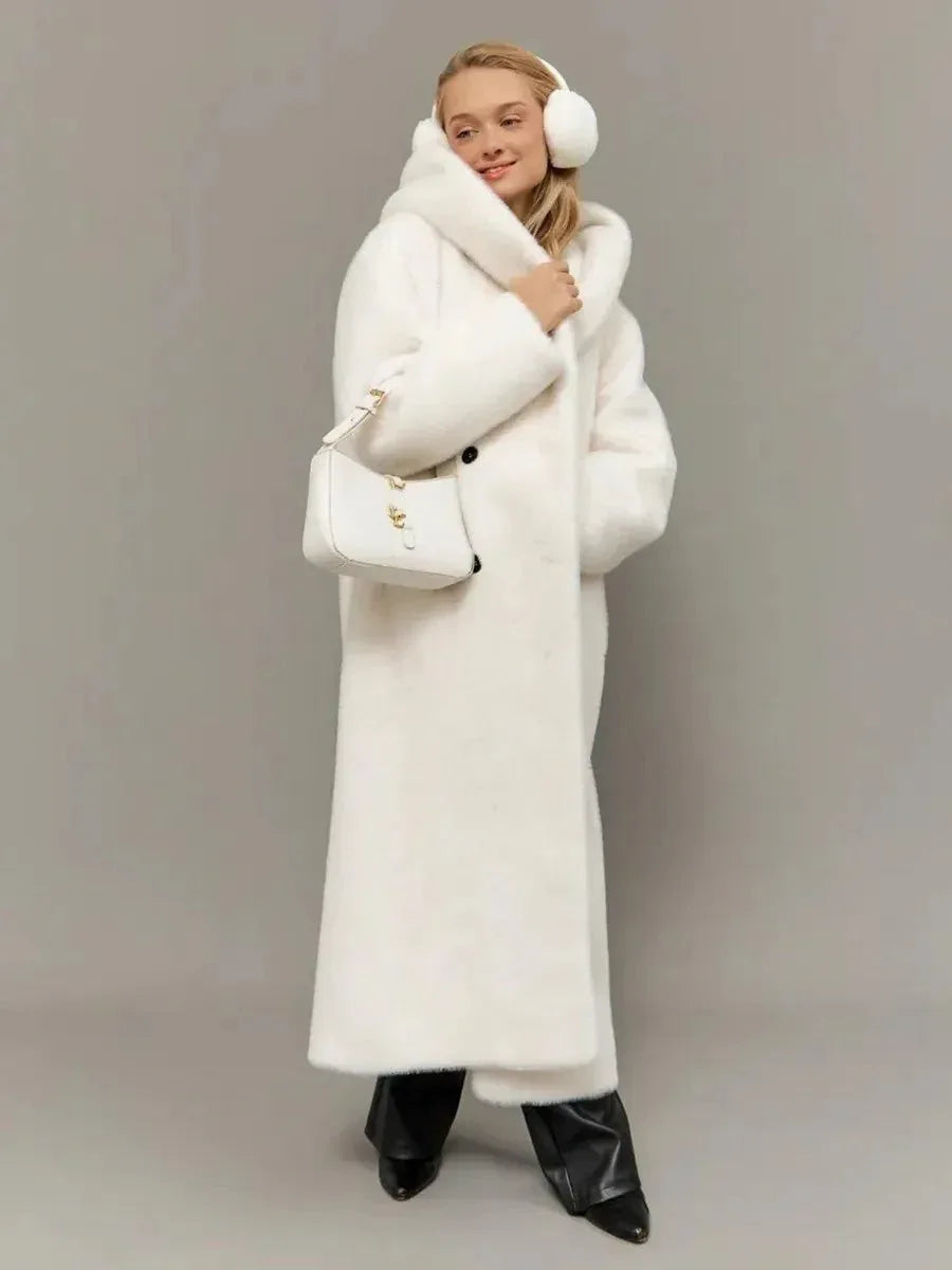 Aspen Snow Long Hooded Faux Mink Coat - TEVQA Main image