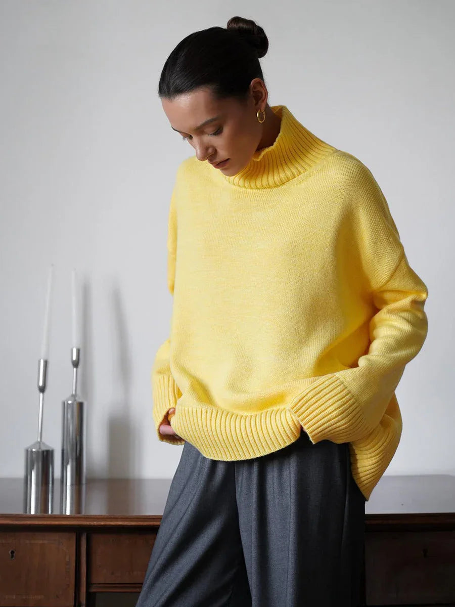 Effortless Oversized High-Neck Ribbed Knit Sweater - TEVQA