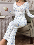 Ribbed Knit Floral Pajama Set - View 28 | TEVQA