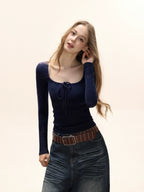 Square Neck Ribbed Knit Front Tie Long Sleeve Top