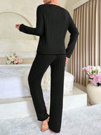 Ribbed Pajama Set with Contrast Trim - View 9 | TEVQA