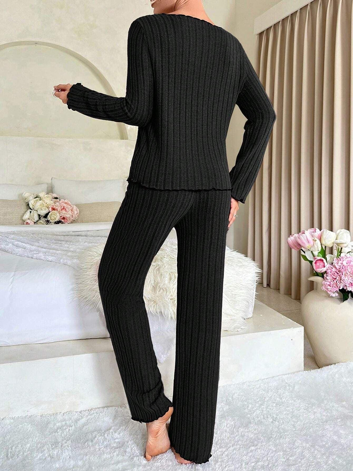 Ribbed Pajama Set with Contrast Trim - View 9 | TEVQA