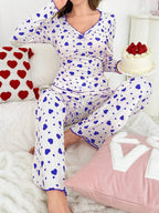 Ribbed Heart Print Pajama Set - View 40 | TEVQA