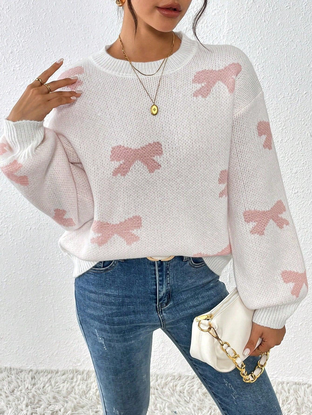 Pink Bow Knit Sweater - View 6 | TEVQA